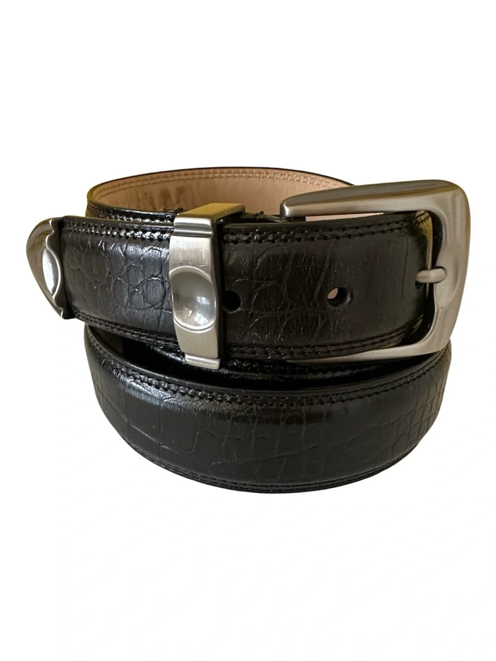 Men's Black Leather Croc Embossed Dress Belt with Brushed Steel Buckle 3XL